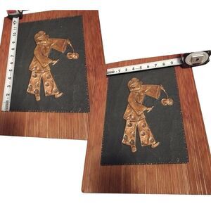 Vintage 1940s Chinese Pressed Copper Relief Art Asian Children Mounted Set Of 2